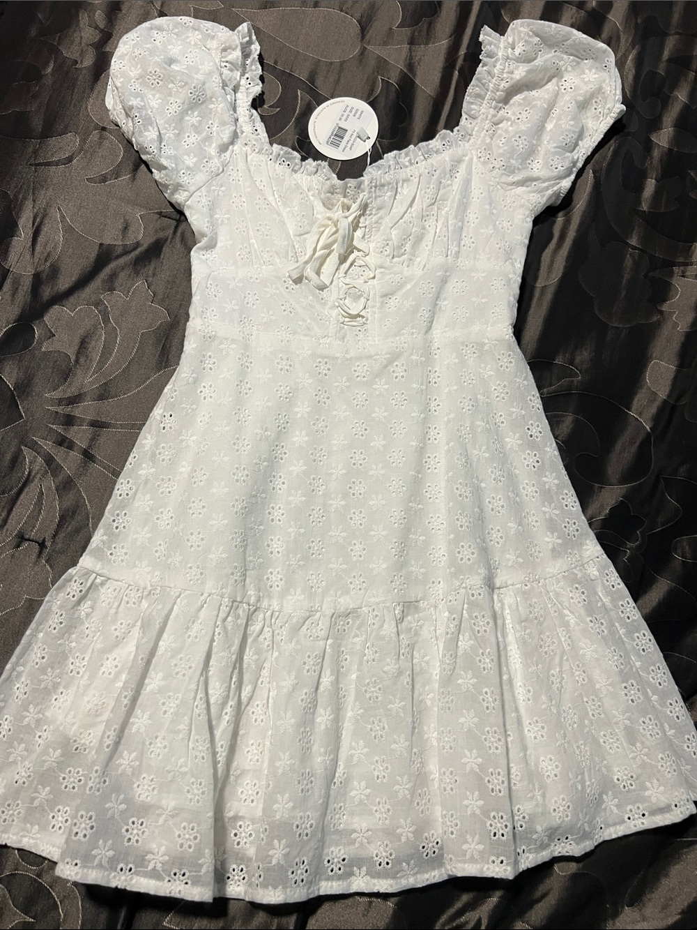 NWT Ally White Eyelet Peasant Fit and Flare Dress Puff Sleeves Corset AUS XXS